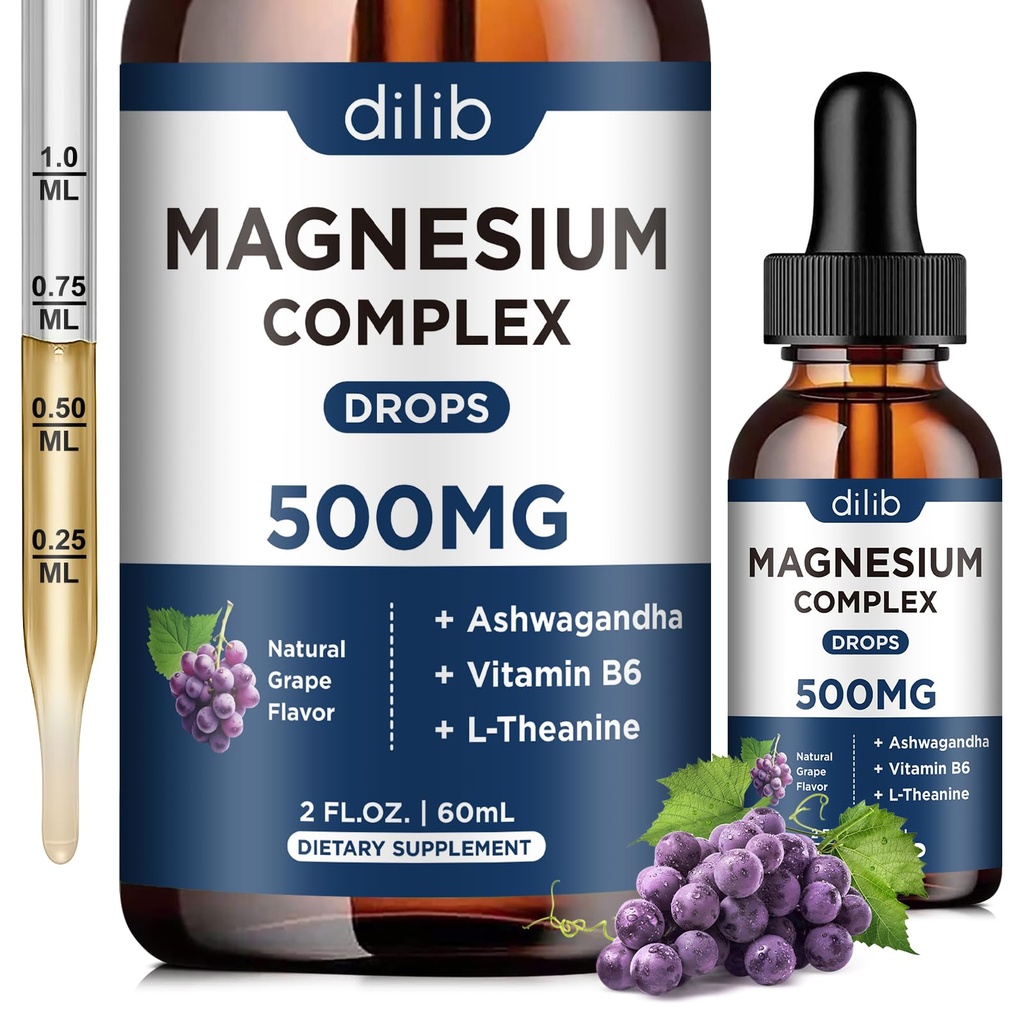 Magnesium Glycinate Liquid Drops, Magnesium Glycinate Supplement 500mg med Citrate, Malate, Ashwagandha, L-Theanine, Vitamin B6 för sömn, stressavlastning, ben, muskel, humör, druv smak 2 Fl Oz