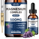 Magnesium Glycinate Liquid Drops, Magnesium Glycinate Supplement 500mg med Citrate, Malate, Ashwagandha, L-Theanine, Vitamin B6 för sömn, stressavlastning, ben, muskel, humör, druv smak 2 Fl Oz