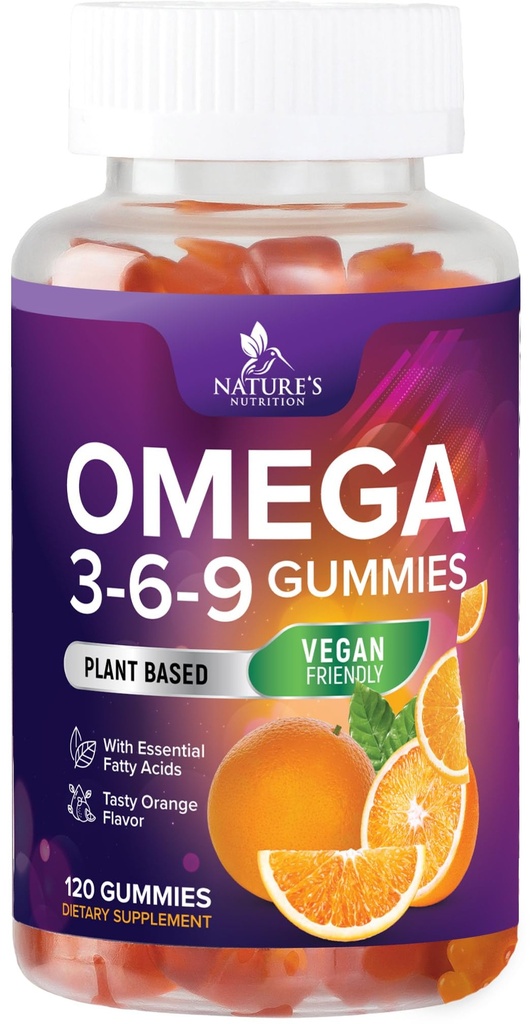 Omega 3 6 9 Gummies - Vegan Omega 3 Supplement Gummy - Essential Fatty Acids Oil 369 Complex Heart Support & Brain Support för kvinnor, Män & Graviditet, Fisk Gratis icke-GMO, Orange smaksatt - 120 Gummies