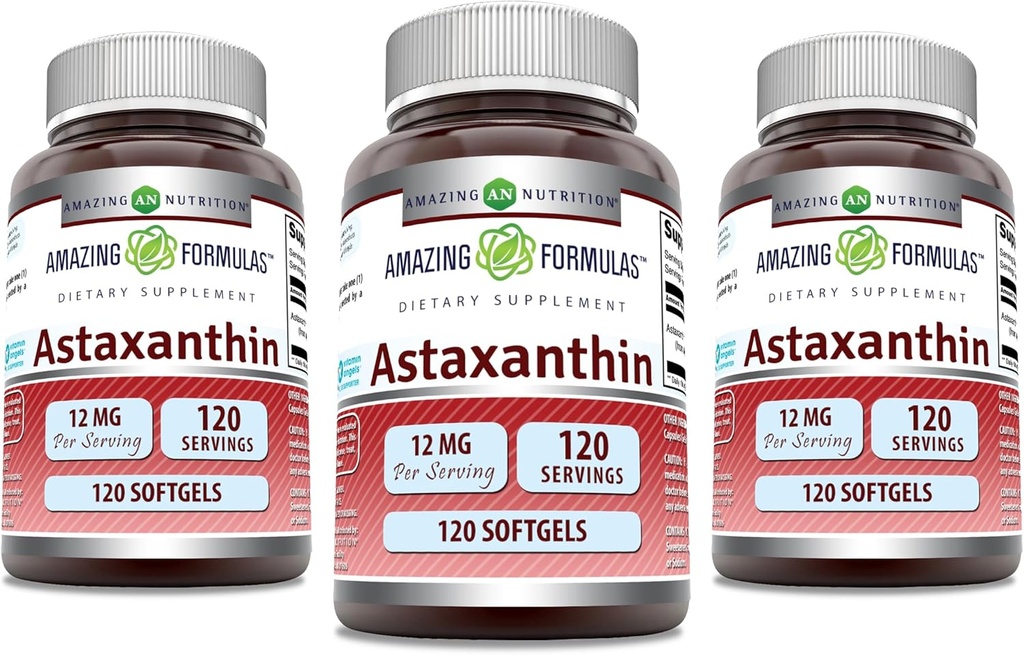 Fantastiska formler Astaxanthin 12mg Softgels Supplement | Non-GMO | Gluten Free (120 greve | 3 Pack)