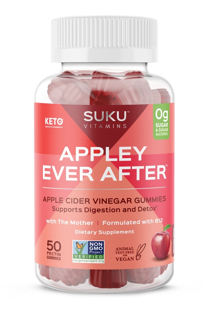 SUKU Appley Ever After Gummies - Apple Cider Vinegar med Methylated B12 & Folate - Sugar-Free, Gluten-Free, Vegan Detox & Energy Support - Fantastisk Apple Flavor - 50 Count