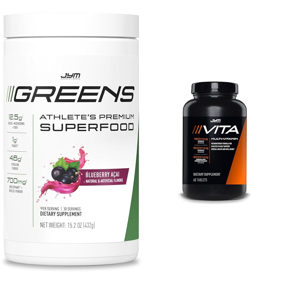 JYM Greens Super Food Blueberry Acai Powder med Spirulina & Vita JYM Multivitamin för idrottare 60 tabletter