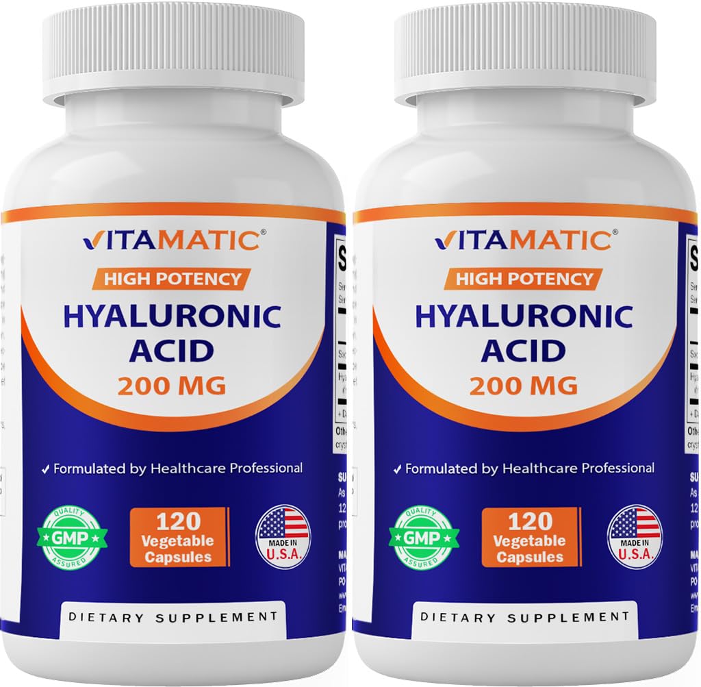 Vitamatic 2 Pack Hyaluronic Acid Supplements 200mg - Stöder Hälsosam Koppling och Joints - Främja ungdomlig Hälsosam hud - Totalt 240 kapslar