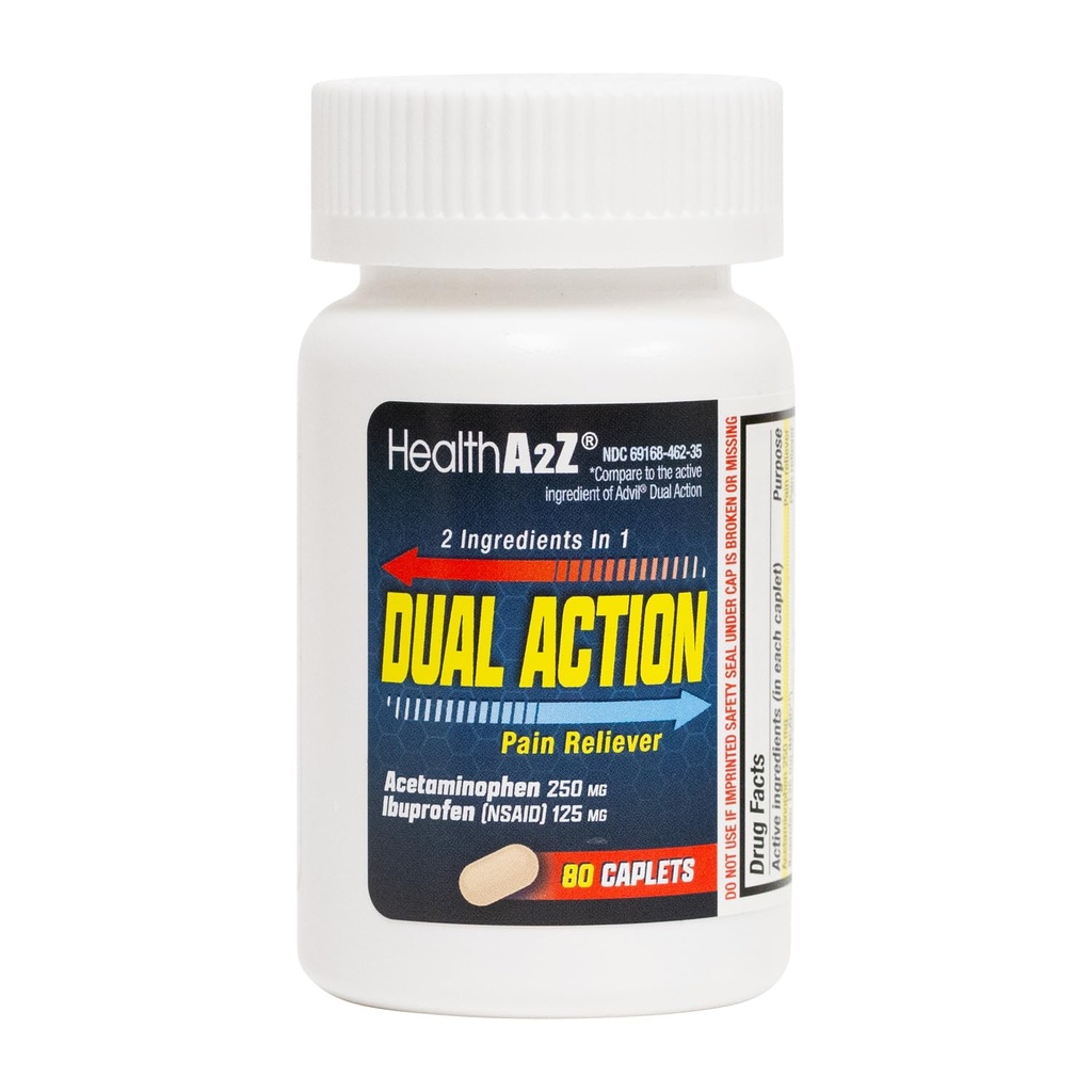 HealthA2Z® Dual Action Pain Relief | Acetaminophen 250mg & Ibuprofen 125mg (NSAID) | Två läkemedel för huvudvärk, feber & Backache Relief | Smärta Reliever & Fever Reducer | 80 Caplets