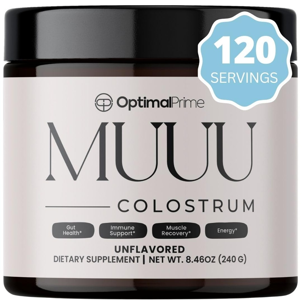Optimal Prime - MUU Bovine Colostrum Supplement och Superfood Powder för Gut Health, Bloating, Immune Support, Hår, Hud och Nails Unflavored, 120 portioner