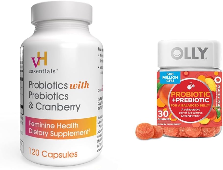 vH väsentliga Probiotika med prebiotika och Cranberry Feminine Health Capsules Bundle med OLLY Probiotic + Prebiotic Gummy Digestive och Gut Health Chewable Supplement