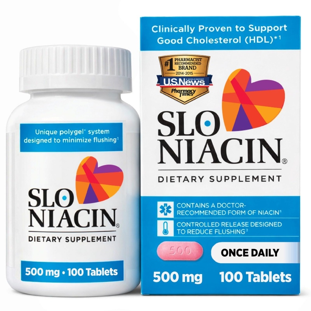 Slo-Niacin Vitamin B3 500 Mg - långsam frisättning Niacin för hjärthälsa, energiökning, hud, hälsosamt blodsockernivåer - 100 kapslar