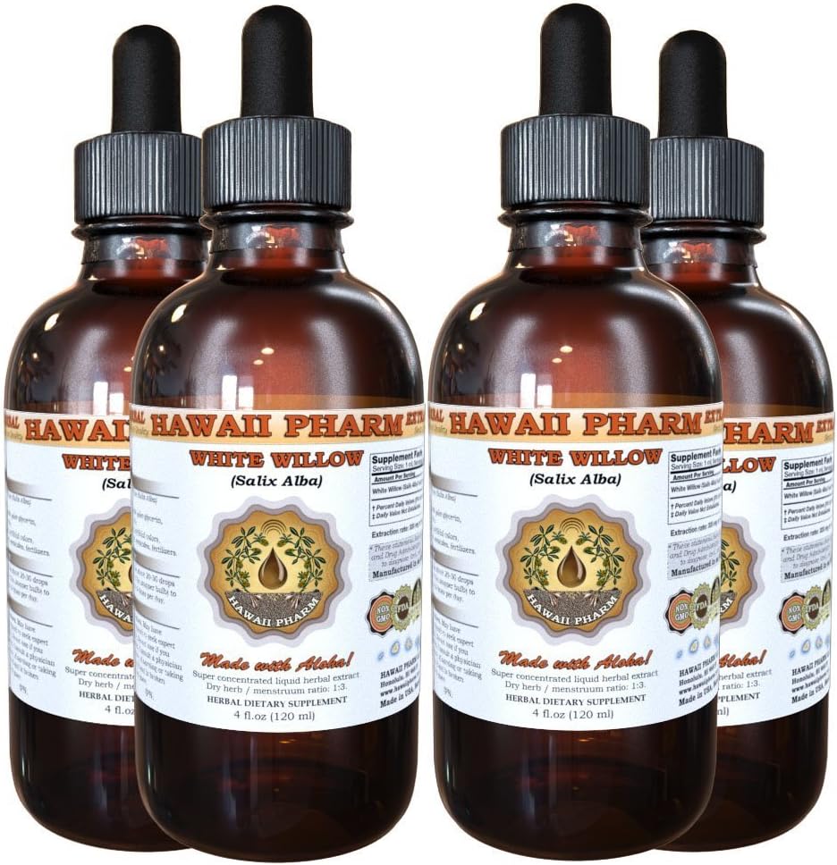 White Willow Liquid Extract, Organic White Willow (Salix Alba) Torkad Bark Tinkture, Herbal Supplement, Hawaii Pharm, Made in USA, 4x4 fl.oz
