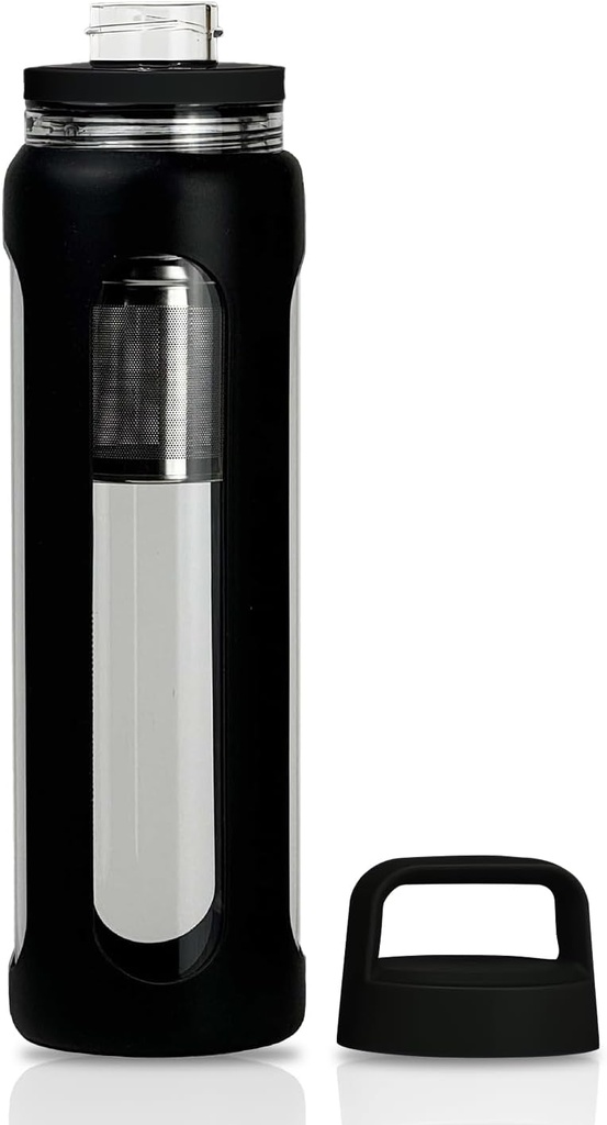 20oz Glas Vattenflaska med Silicone Sleeve, 600ml Mug med 2 Tier Lid (Wide Mouth och Small Mouth Straight Drinking) med Tea Leak Bottle - Gym Yoga Outdoor Activities (Black)