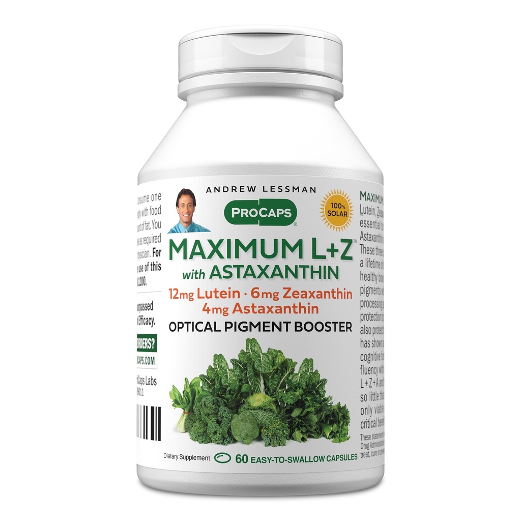 ANDREW LESSMAN Maximal L + Z med Astaxanthin 60 Softgels - 12mg Lutein, 6mg Zeaxanthin, 4mg Astaxanthin. Viktiga näringsämnen för att stödja ögon och hjärnhälsa och främja hälsosam vision.