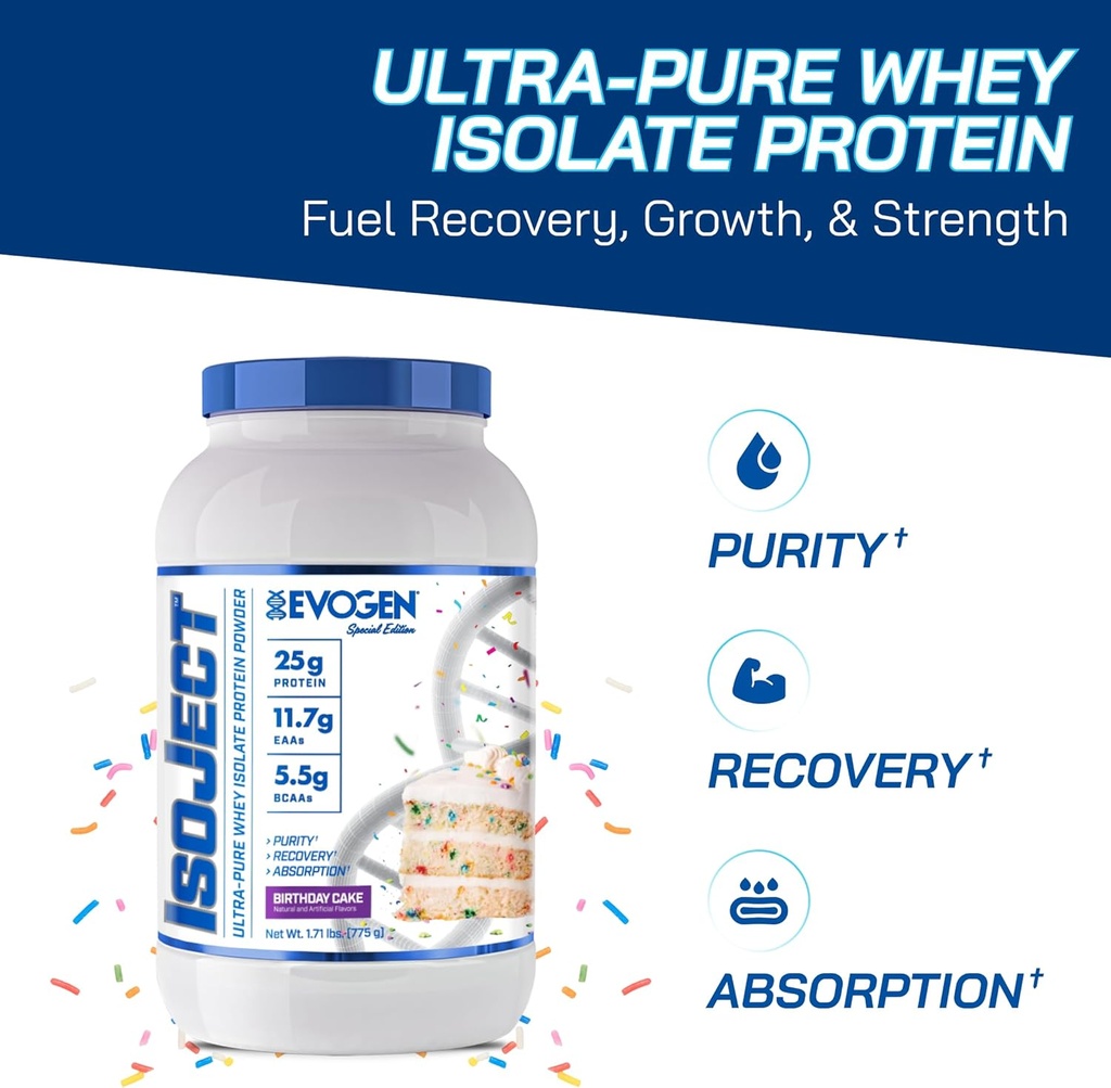 Evogen Isoject - Whey Protein Isolate | Ultra-Pure Whey Protein Powder med Ignitor Enzymes, BCAAs och EAAs | Förbättrad Absorption & Recovery | Birthday Cake | 25 Servings