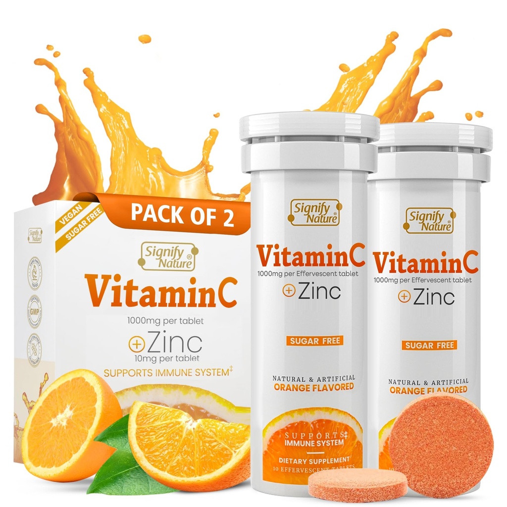 SIGNIFY NATURE Vitamin C 1000mg Effervescent Tablets - Potent Immune Support VIT C med Zink Supplement - Sugar-Free & Vegan Formel | Dissolvable Vitamin C tabletter - Vattenlöslig Fizzy Elixir - 20CT