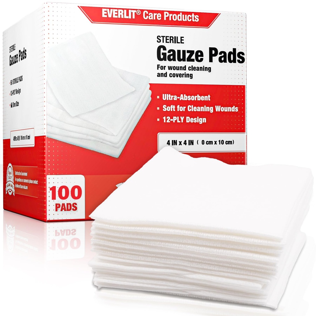 EVERLIT [Extra-Thick] 4''x4'' Sterile Gauze Pad 12-Ply, 100 Pack, Individual Wrapped, Ultra Absorbent Large Non-Woven Medical Gauze Svampar för Wound Care Home First Aid Kit