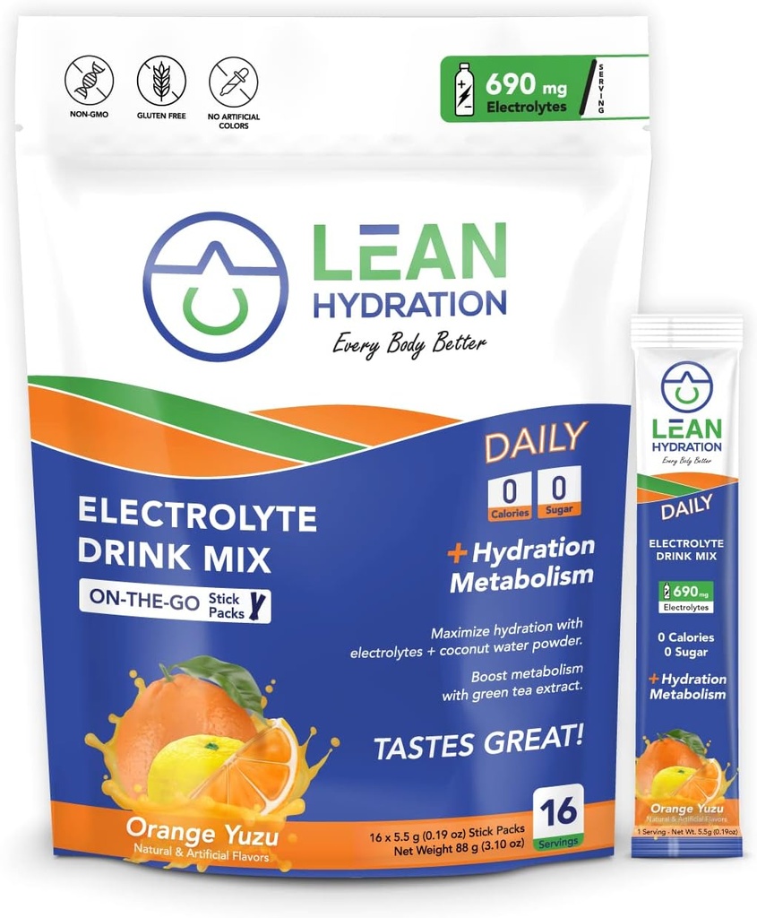 Daily Electrolyte Packets Drink Mix | Zero Calories, Zero Sugar Plus-vitaminer, mineraler och mer | 16 ct (Orange Yuzu)