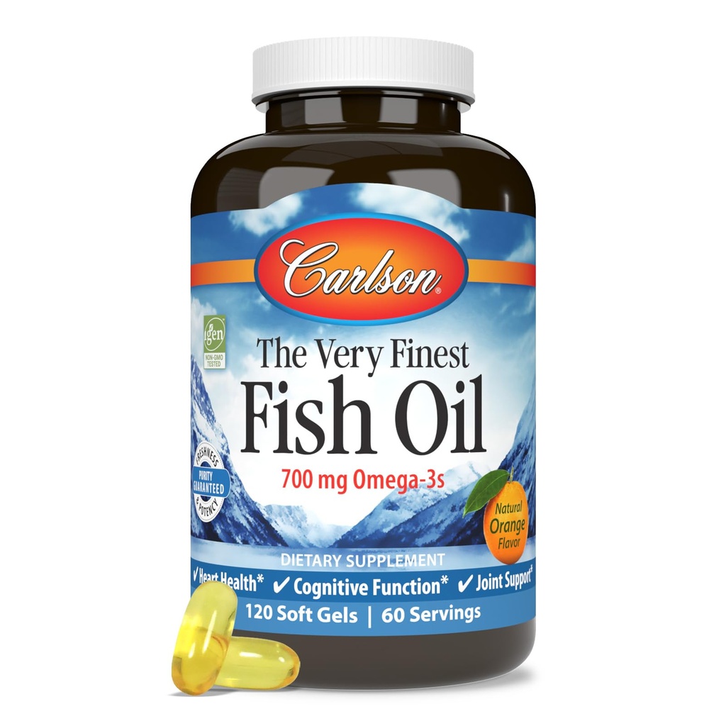 Carlson - The Very Finest Fish Oil, 700 mg Omega-3s, Norwegian Fish Oil Supplement, Wild Caught Omega 3 Fish Oil, Hållbart Sourced Fish Oil Capsules, Omega 3 Supplement, Orange, 120 Softgels