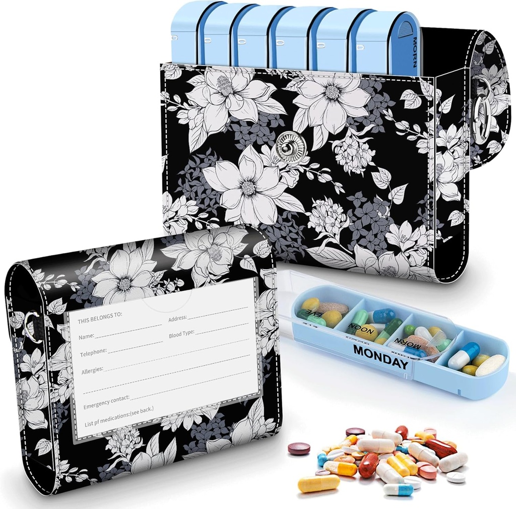 Pill Organizer Case, Weekly Travel Pill Case Medication Reminder Daily AM PM, Day Night 7 Compartments, för 4 Times A Day, 7 Days a Week Includes Elegant Printed Leather Carrying Case
