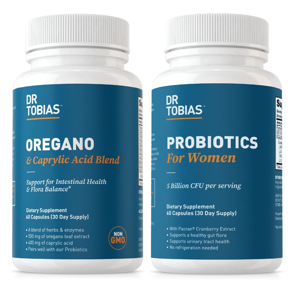 Dr Tobias Oregano och Caprylic Acid Blend och Probiotics for Women - Stöder Gut, Immune och Urinary Health, Non-GMO