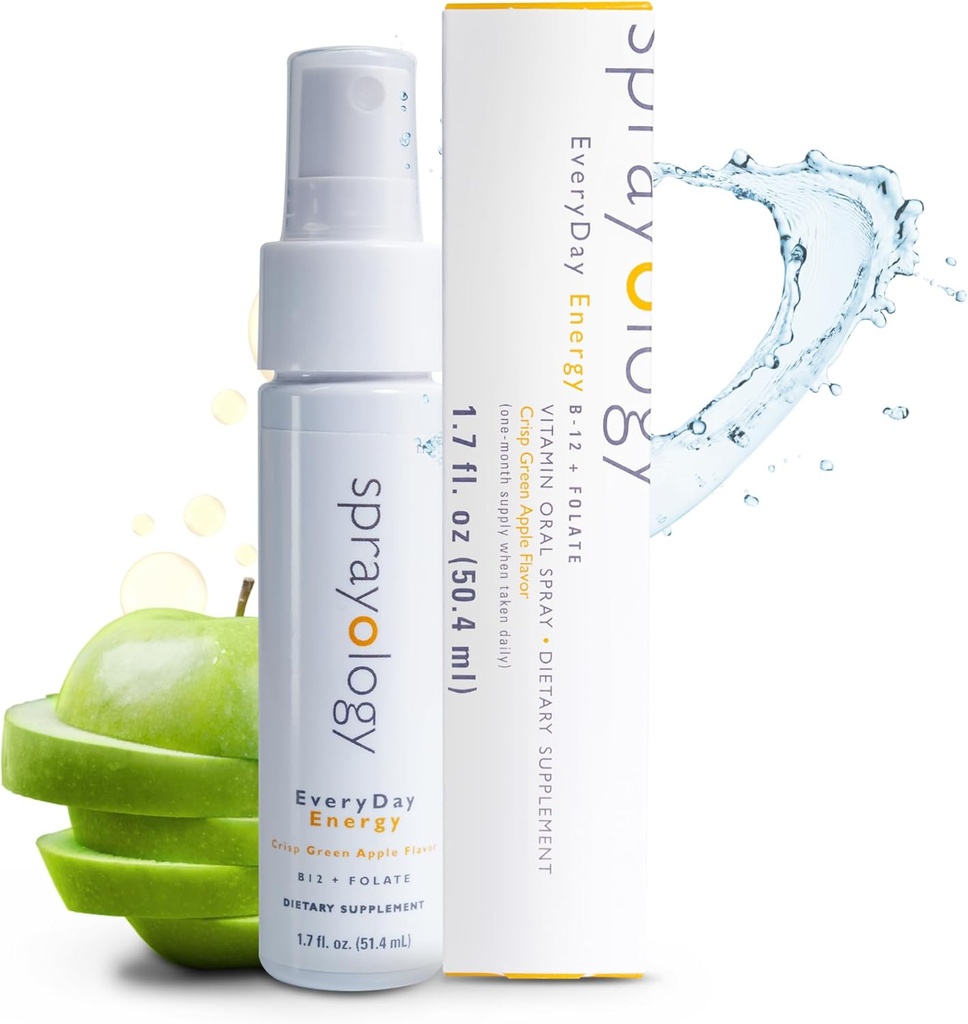 Sprayology EveryDay Energy | Vitamin B12 and Folate Supplement Spray | Vegan Oral Spray for Energy, Metabolism & Brain Support | All-Natural, Gluten-Free & Lactose-Free | 30 Day Supply (1.7 fl oz)