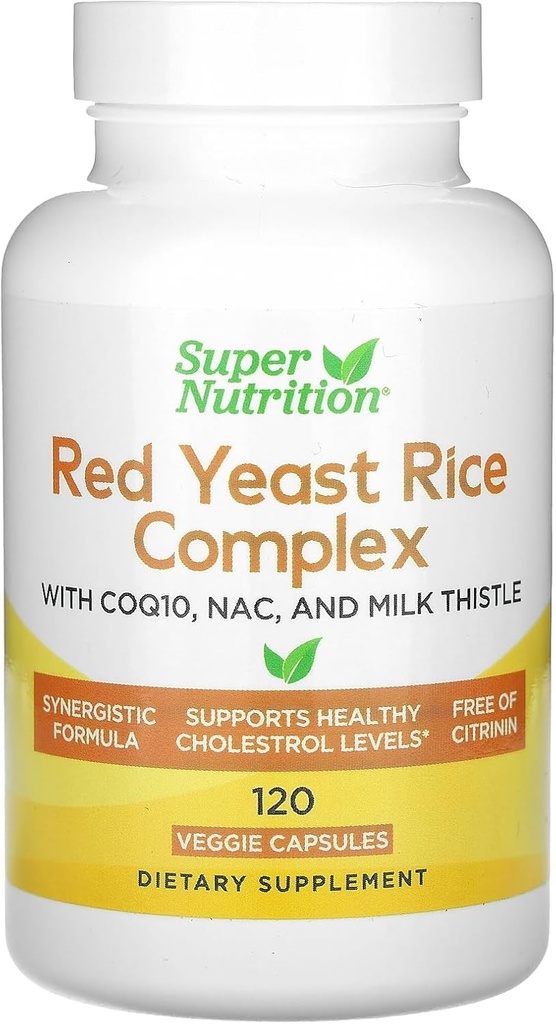 Super Nutrition Red Yeast Rice Complex med Organic Red Yeast Rice, N-Acetyl Cysteine, Coenzyme Q10 och Milk Thistle Extract, 120 Veggie Capsules