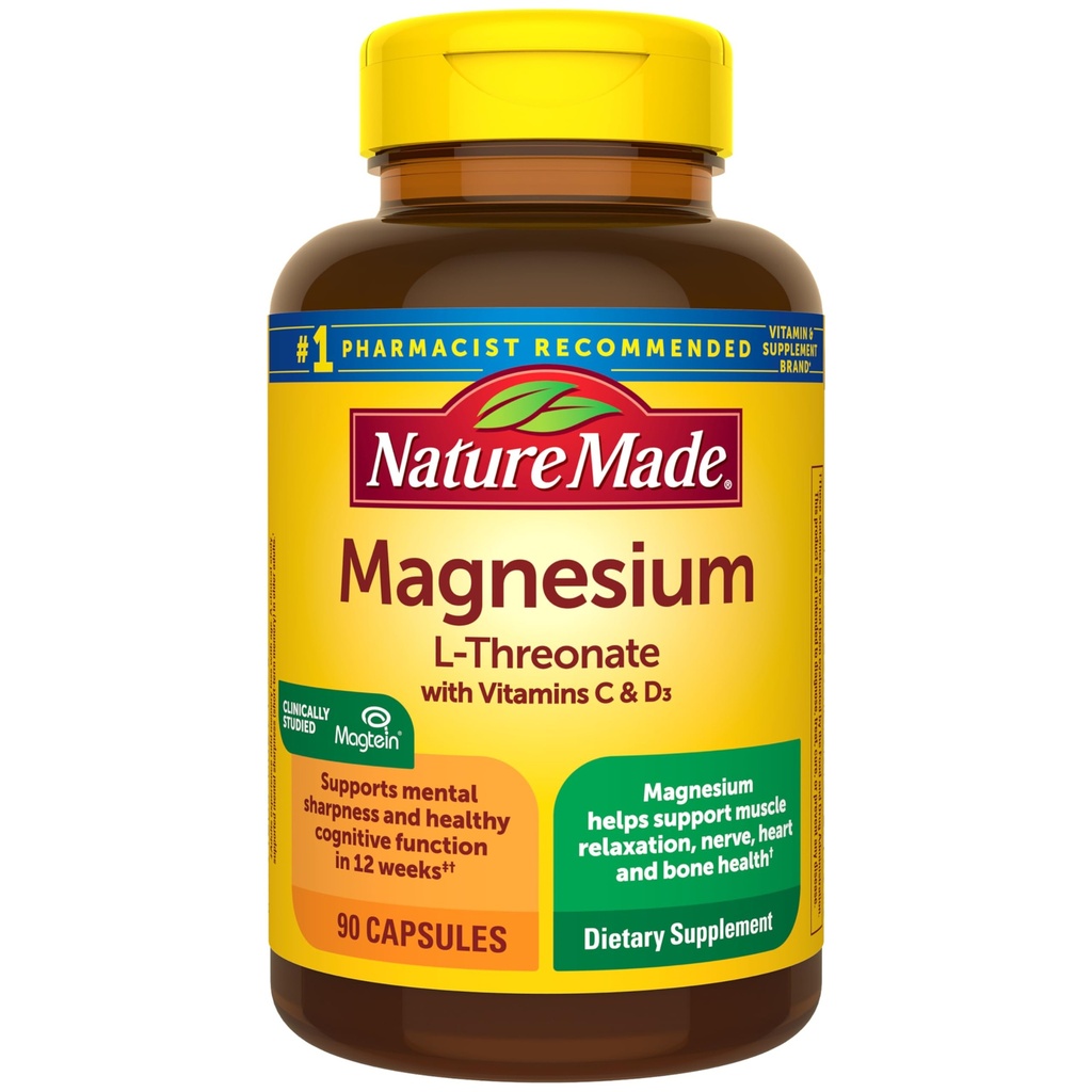 Nature Made Magnesium L-Threonate med vitamin C & Vitamin D3, ger 130 mg Mag från 1800 mg Magnesium L Threonate, kognitivt stöd Magnesium Supplement, 90 kapslar, 30 Dag Supply