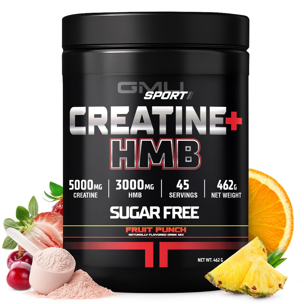 GMU SPORT - Kreatinmonohydrat med HMB-pulver - 45 portioner, Kreatin HMB-tillskott, Kreatin med HMB för ökad styrka, muskeltillväxt och förbättrad energi, 3G HMB / fruktpunch