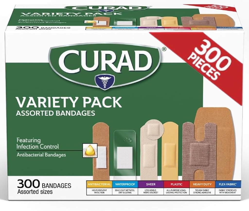 CURAD Assorted Bandages Variety Pack, 300 Count, 6 Styles Inklusive Antibakteriella, Vattentäta, Sheer, Plast, Tung Duty & Flex-Fabric, Skyddar Scrapes, Cuts & Burns, Latex-Free