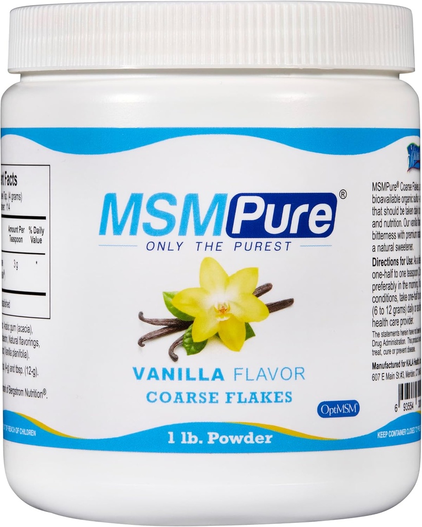 KALA HEALTH MSMPure Vanilla smaksatt grov MSM pulverflingor - USA-Made MSM för gemensam hälsa, hudutseende och hår & nagelstöd - 1 lb, organisk svavel