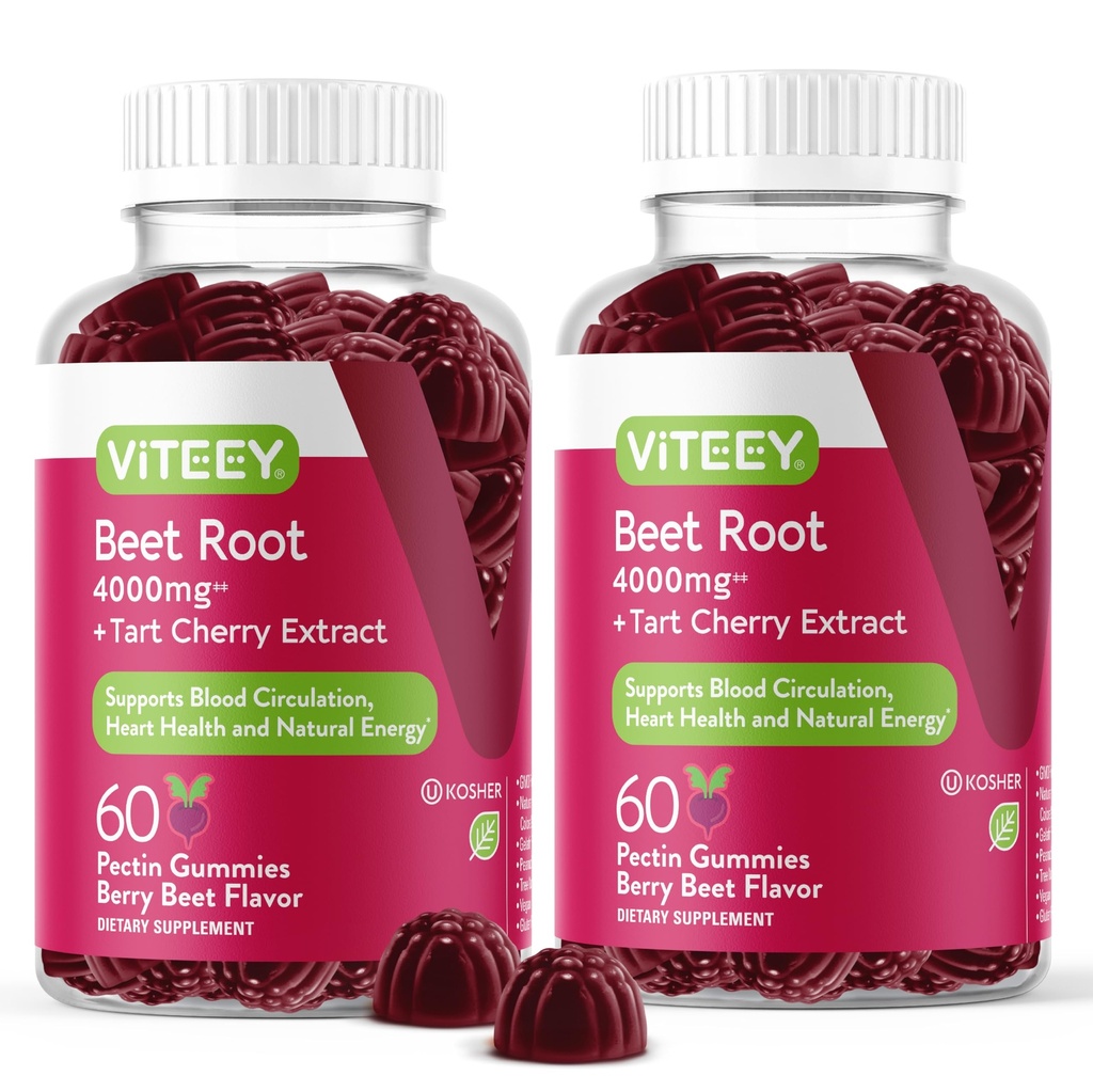 Viteey Beet Root Gummies med Tart Cherry - Beetroot Supplement för hjärthälsa, blodtrycksstöd - Vegan, glutenfri - 120 greve