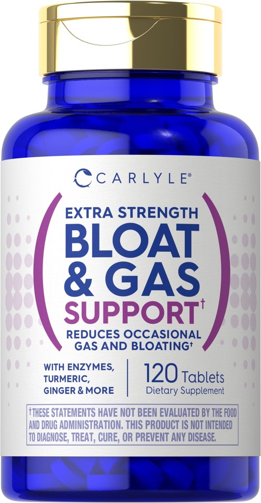 Carlyle Bloat & Gas Support för män och kvinnor | 120 tabletter | Extra styrka piller | Tillägg med enzymer, gurkmeja, ingefära & mer | Non-GMO & Vegetarian Formel