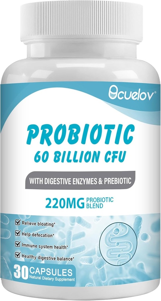 Probiotika 60 miljarder CFU med 10 stammar och 3 organiska prebiotika, Probiotika Supplement för kvinnor stöder metabolism, immunitet och matsmältningshälsa, icke-GMO & Gluten Free,30 kapslar