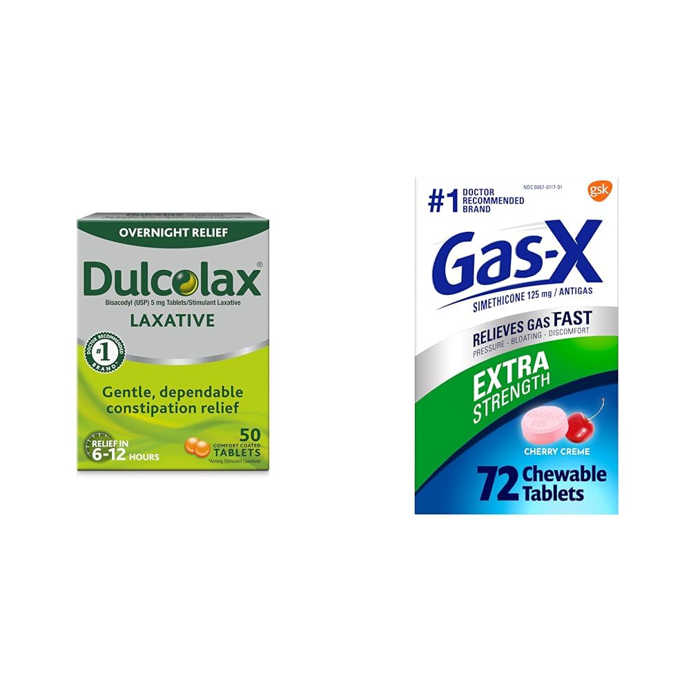 Dulcolax Overnight Relief Laxative för Gentle Constipation Relief, Bisacodyl 5 mg tabletter, 50 greve & Gas-X Extra Strength Chewable Gas Relief tabletter med Simethicone 125 mg för Bloating Relief