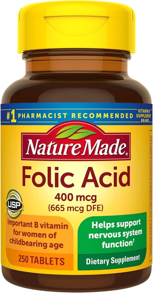 Nature Made Folic Acid 400 mcg (665 mcg DFE) tabletter, 250 greve (Packaging May Vary)