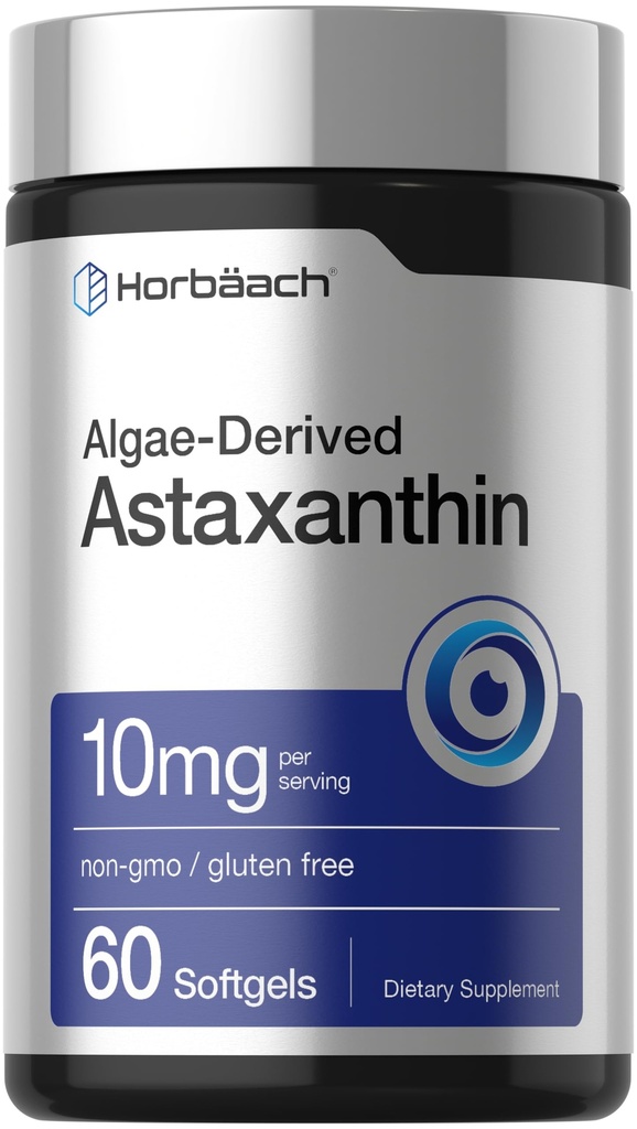 Horbäach Astaxanthin Supplements | 10mg | 60 Softgels | Algae Derived Formel | Non-GMO, Gluten Free