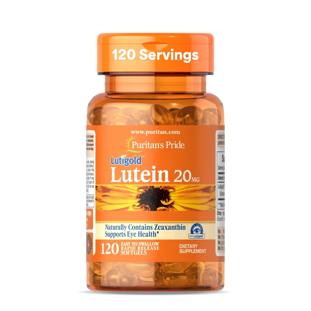 Puritans Pride Premium LutigoldTM Lutein Carotenoid 20mg med Zeaxanthin för män och kvinnor, Kosttillskott för ögonhälsa, 8 månaders leverans, 120 Easy-to-Swallow Softgels