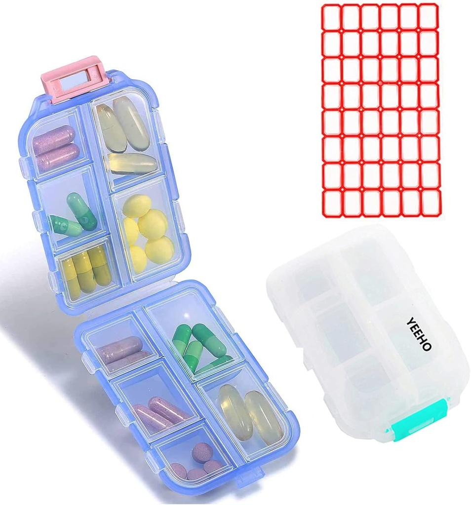 Pill Case (2 Pack) - Portable Small Supplements Tablet Container Box med 10 Compartments - Medicine Vitamin Organizer Dispenser Holder Storage för Travel Trip Pocket Purse (Blue+White)