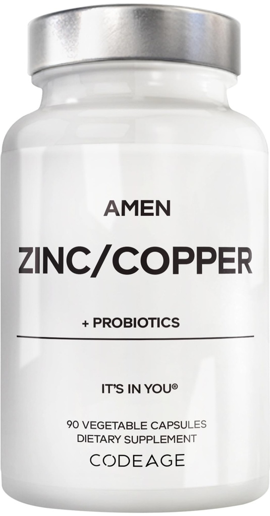 Amen Zinc & Copper Supplement + Probiotics, 3 Months Supply, One Per Day - 50 mg Zinc Picolinate Vitamin Pills - Essential Minerals Supplements – 2 Billion CFUs Probiotic – Vegan, Non-GMO, 90 Capsules