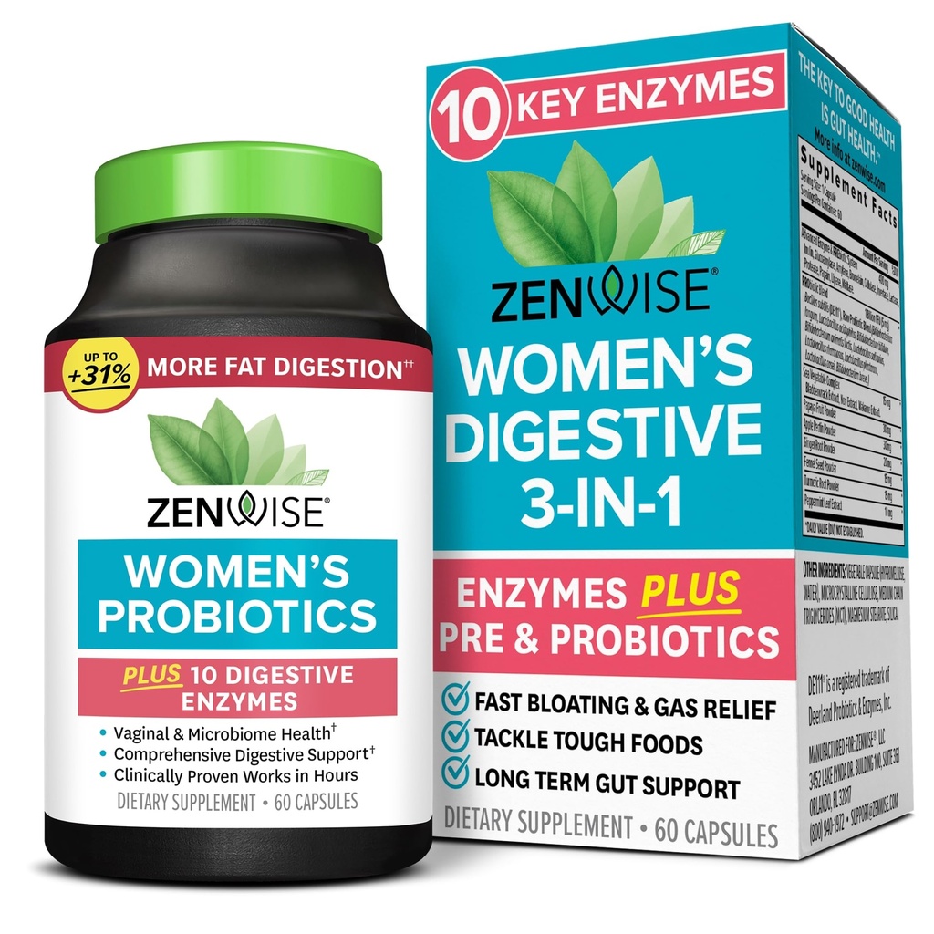 Zenwise Health 3-i-1 Womens Probiotic Supplement för Digestive, Gut Flora & Vaginal Hälsa - Daglig Probiotika & Prebiotika för kvinnor med Digestive Enzymes Stöder Bloating & Gas Relief - 60 Count