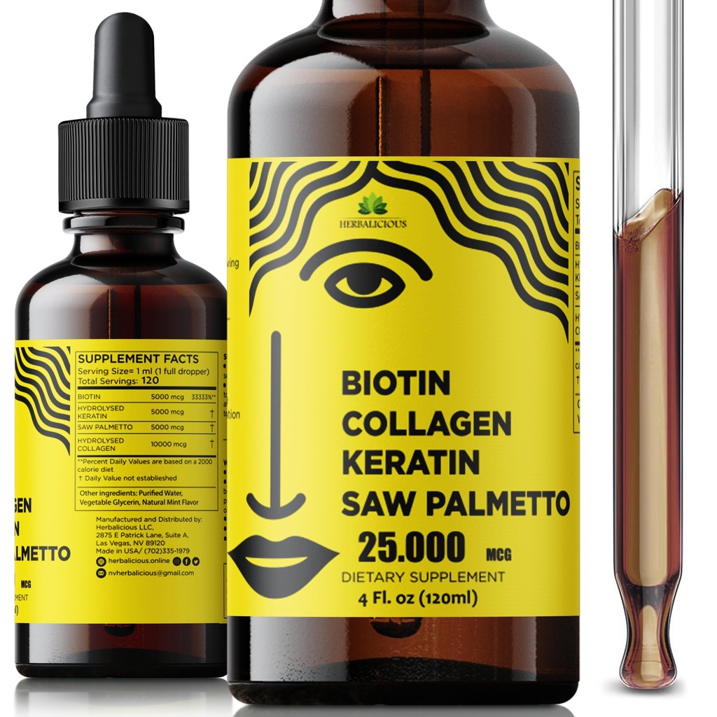 Liquid Biotin Collagen Keratin 4fl oz Liquid Supplements for Women - Comprehensive Formel Hair Skin Nails Supplement med 10000mcg Collagen 5000 mcg Biotin 5000 mcg Keratin 5000 mcg Saw Palmetto