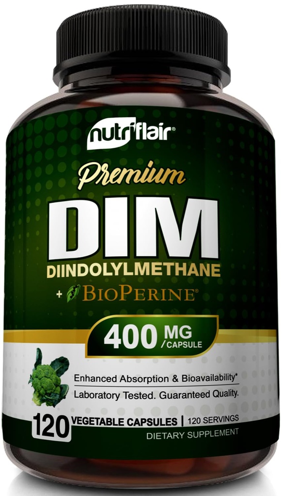 NutriFlair DIM Supplement 400mg med Bioperine, 120 kapslar - Diindolylmetan - Östrogen Metabolism Support & Hormone Balance, Menopause, PCOS, Acne och Skin Care för Män & Kvinnor - Jämför med 300mg