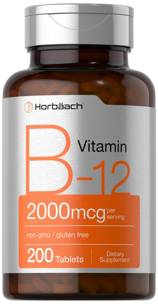 Horbäach B12 Vitamin 2000 mcg | 200 tabletter | Vegetarisk tillskott | Non-GMO & Gluten Free