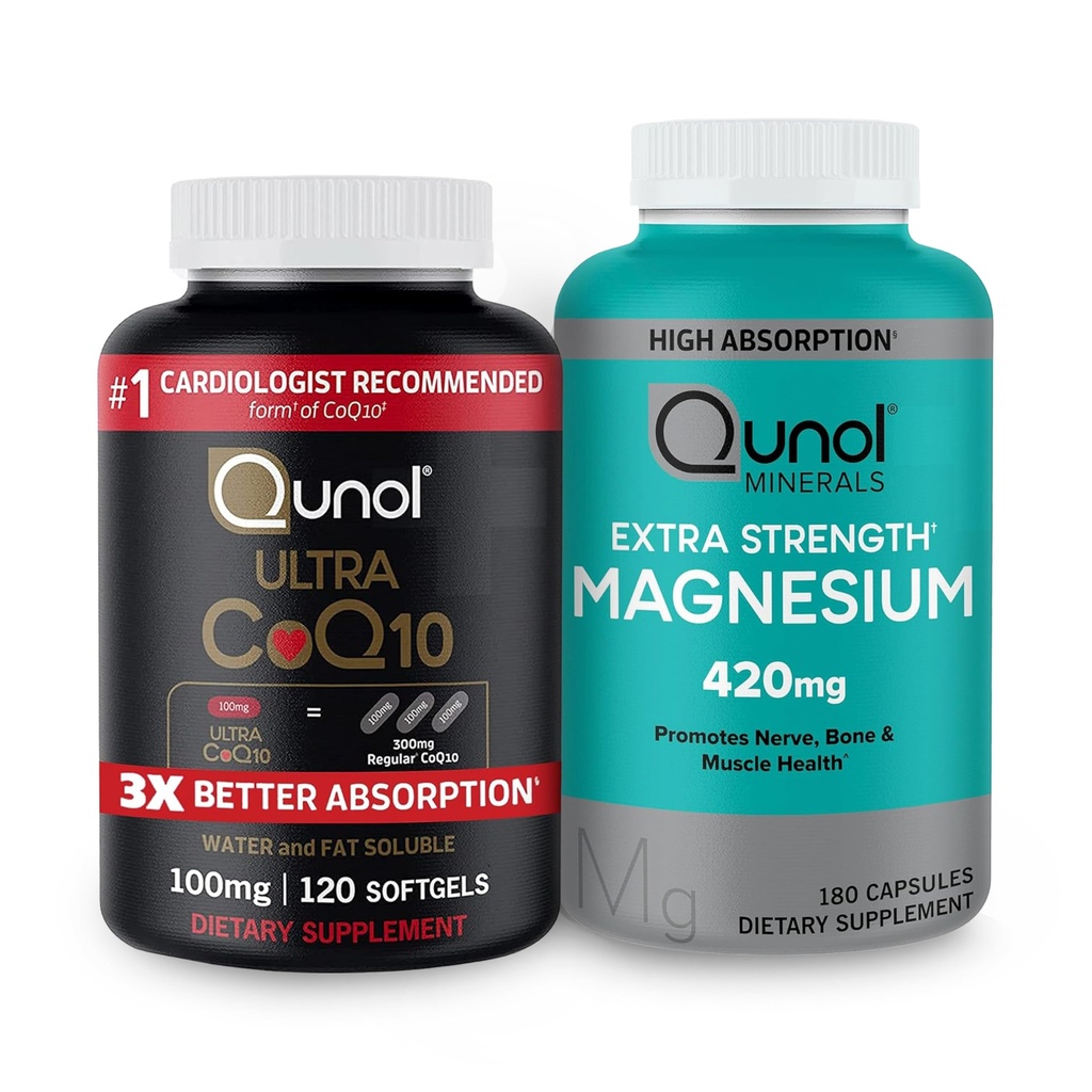 Qunol CoQ10 100mg Softgels, 3X Better Absorption 4 Month Supply + 120 greve Magnesium Glycinate Capsules 420mg, High Absorption Magnesium Supplement, 180 greve