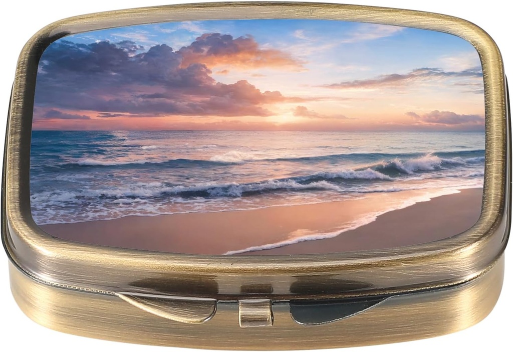 Dynippy Pill Case Pill Box med Mirror Retro Pocket 2 Compartment Medicine Case Vitamin Pill Organizer för Pocket Purse and Travel (Retro- Beach Sunset)