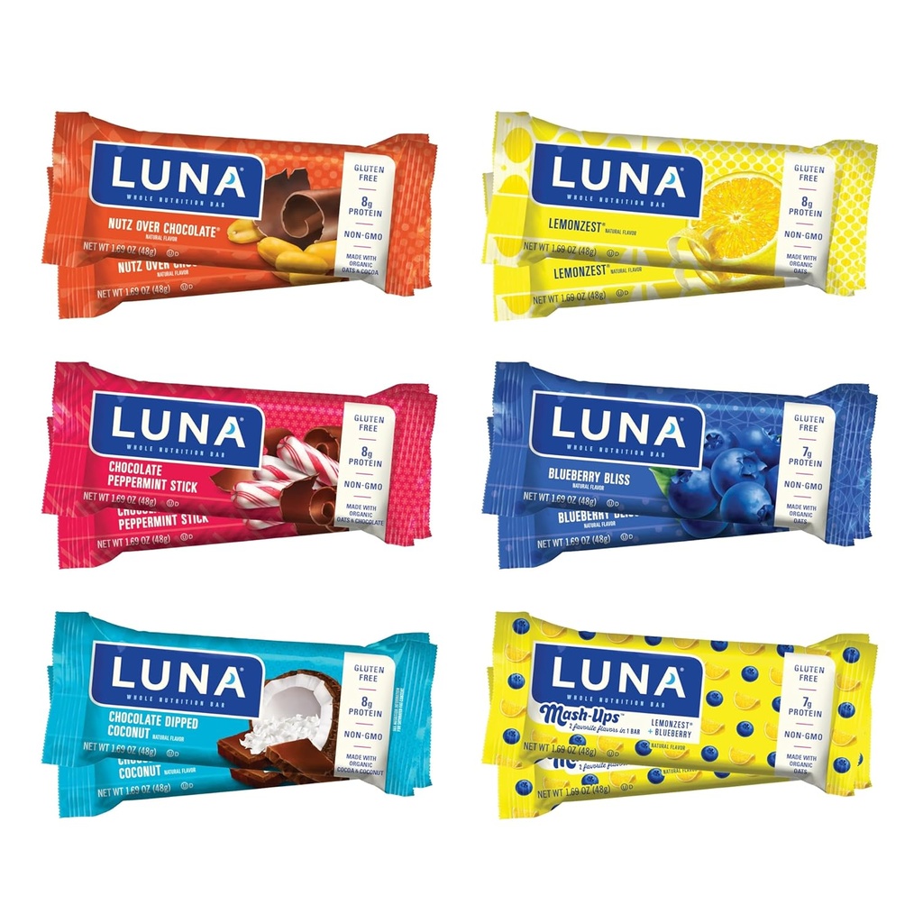 LUNA Bar - Variety Pack - 6 smaker - Snack Bars - Non-GMO - Gluten-Free Protein Bars - Tillverkad med organiska havre (12 Pack)