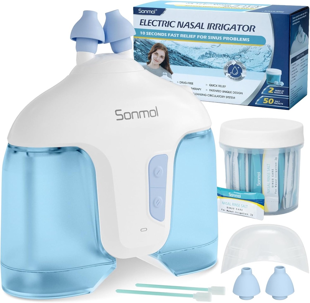 Sonmol Electric Nasal Irrigation System (Nasal Irrigation, Blue), Nose Cleaner för Sinus Adult, Self-Cleaning Nasal Cleaner med 50 Packets Saline