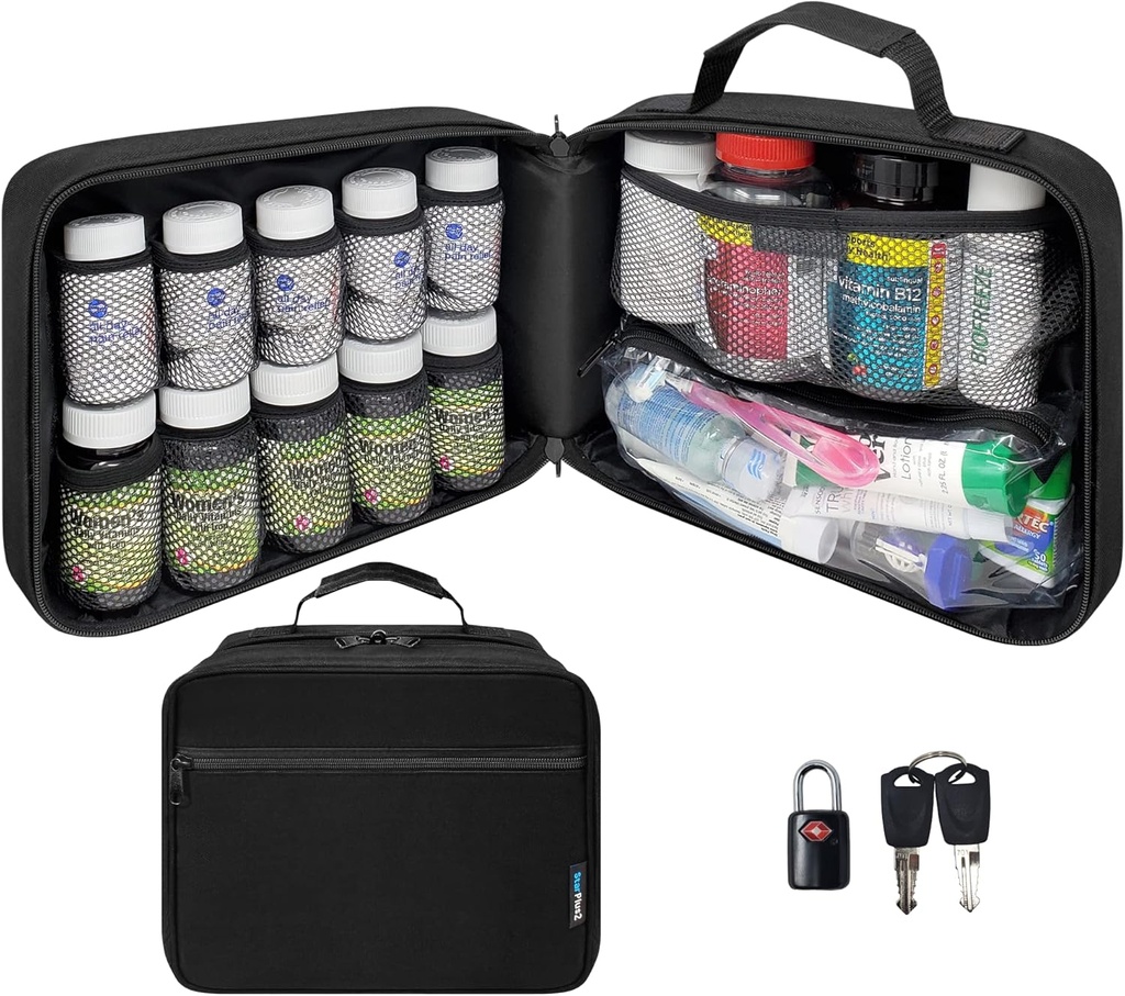 Stor Padded Pill Bottle Organizer, Medicine Bag, Fall, Transportör för Mediciner, Vitaminer och Medicinska Supplies - Travel Medicine Organizer och Home Storage Med Bag - Svart (med TSA Lock)