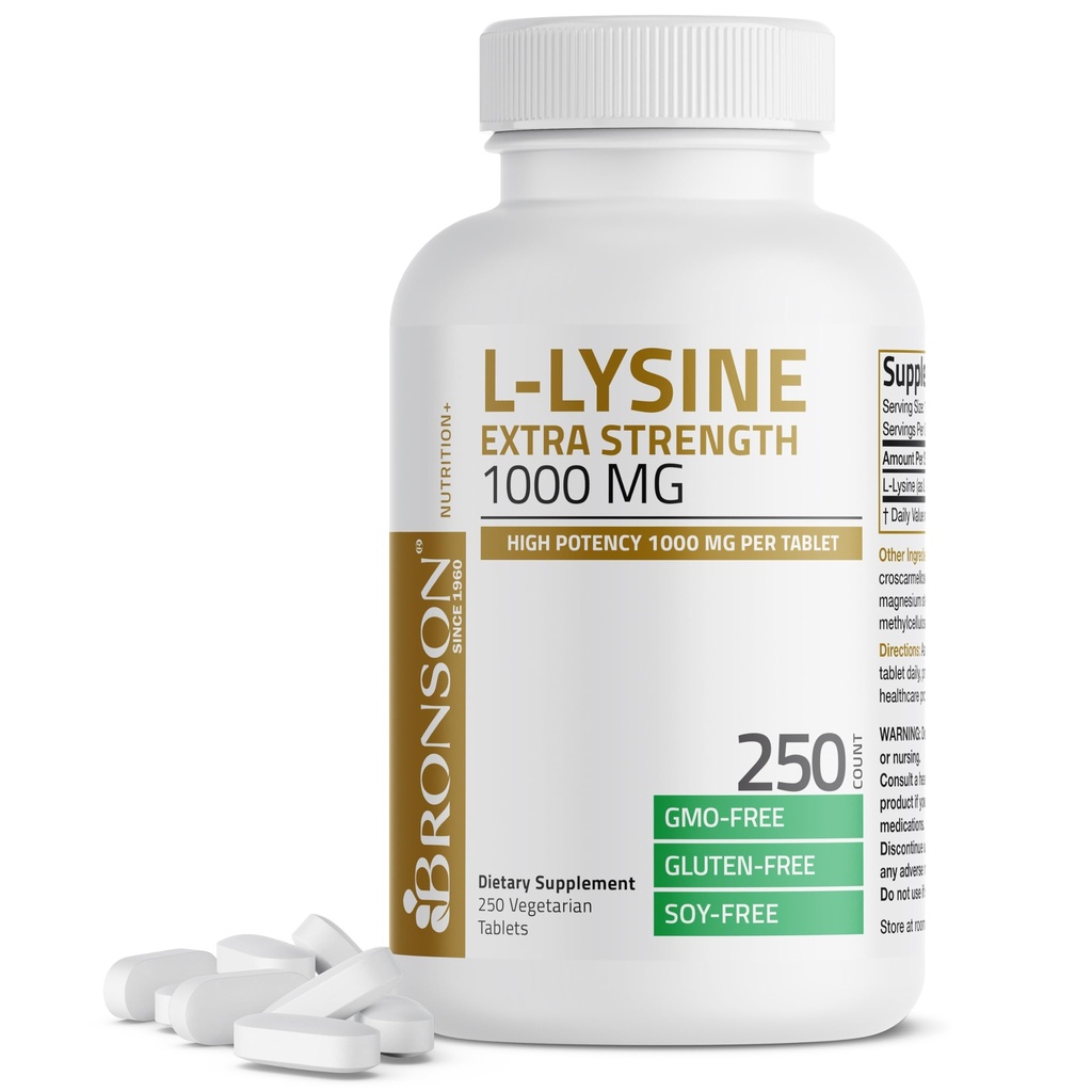 Bronson L-Lysine Extra Strength 1000 MG per Tablet High Potency, Immune Support & Supports Collagen Synthesis, Non-GMO, 250 vegetariska tabletter