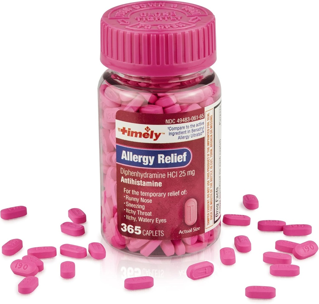 Timely Allergy Relief Diphenhydramine HCl 25 mg - 365 Caplets - Jämfört med Benadryl Allergy Ultratab - Antihistamin - Allergimedicin - Runny Nose Relief för vuxna - Watery Eyes Behandling
