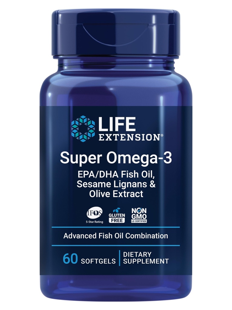 Life Extension Super Omega-3 EPA / DHA Fish Oil, Sesam Lignans & Olivextrakt - Hjärthälsa, Hjärnhälsa, Inflammation Health Support, Cholesterol Health Support, Gluten-Free, Non-GMO, 60 Softgels