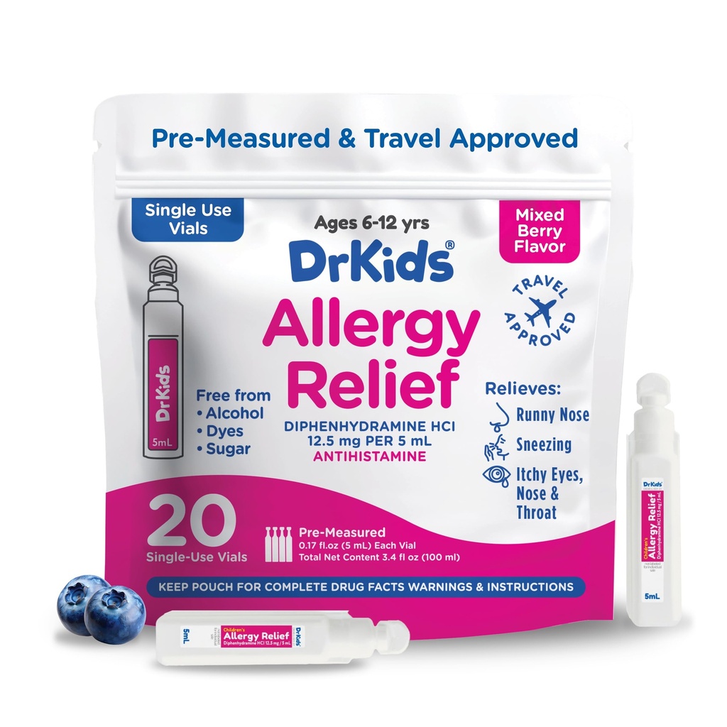 Dr. Kids Children's Allergy Relief Medicine med Diphenhydramine - Pre-Measured Single-Use Vials, Kids Antihistamine för Sneezing, Runny Nose & Itchy Eyes, Mixed Berry Flavor, 20 Count (Pack av 1)