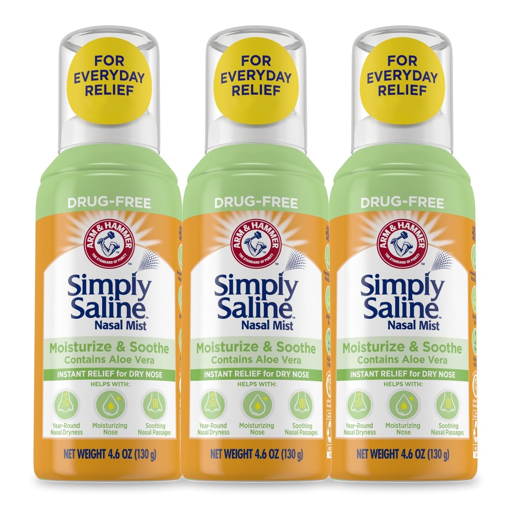 Arm & Hammer Simply Saline Moisturize & Soothe Nasal Mist, Drug-Free Moisturizing Saline Nasal Spray för omedelbar lättnad för torr näsa, 4,6 Oz (130 g), 3 Pack
